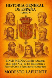 Portada del Tomo 5 de la Historia General de España de Modesto Lafuente, disponible en Amazon. Castilla y Aragón en el siglo XIV: de los Trastámara y Pedro el Cruel a Fernando de Antequera.